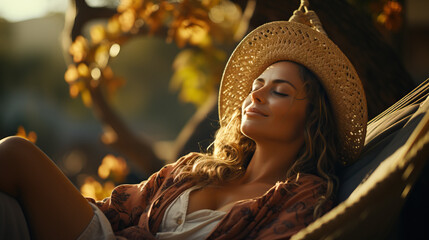 Woman relaxing in a hammock, symbolizing a moment of rest and relaxation in a serene outdoor setting. - Powered by Adobe