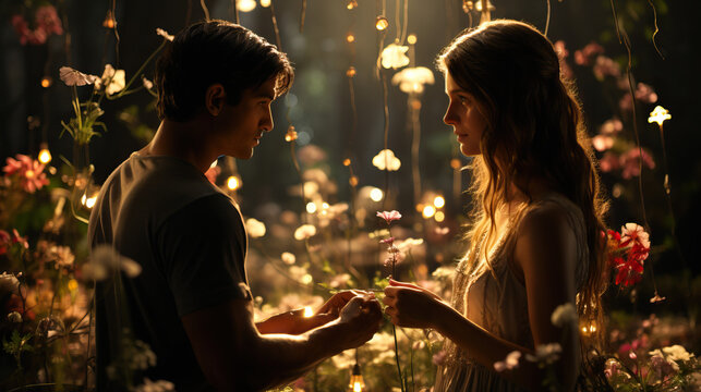 Close-up of a romantic forest setting where one partner surprises the other with a heartfelt marriage proposal among twinkling fairy lights and blooming flowers.