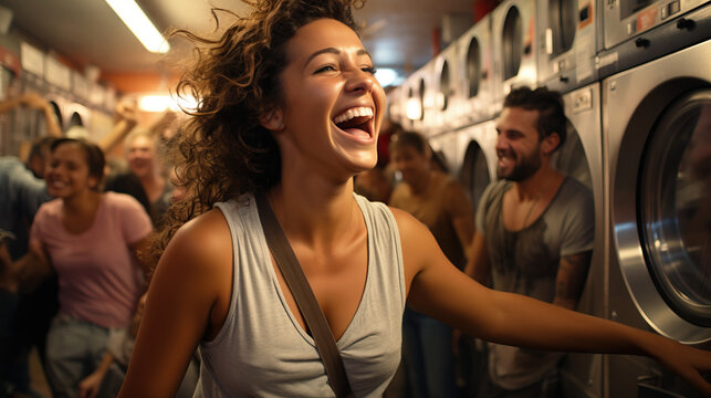 Close-up of individuals having a spontaneous dance party while waiting for their laundry to finish at a laundromat, turning a mundane task into a lively celebration.
