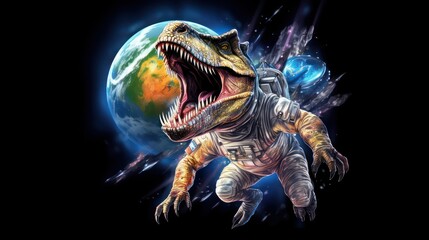Dinosaur astronaut with planet earth in the background from outer space.