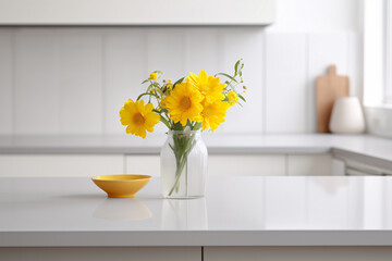 Explore the minimalist beauty of a bright white kitchen island featuring yellow flowers in close-up. Emphasize the simplicity of design and the natural elements with a  modern culinary space.
