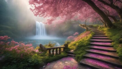 Wedding Backdrop, Maternity backdrop, Spring, photography backdrop, waterfall, petal, flower, floral, staircase, steps, nature, forest,lake, stairway, path, pathway, walkway