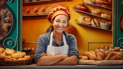 Portrait of happy woman working at her Mediterranean bakery - obrazy, fototapety, plakaty