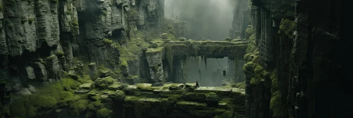 Cercles muraux Kaki a short cliff surrounded by wooded landscape with moss, generative AI