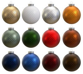 3D multi colored Christmas balls on transparent background for easy use in your design compositions.