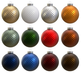 3D multi colored Christmas balls on transparent background for easy use in your design compositions.