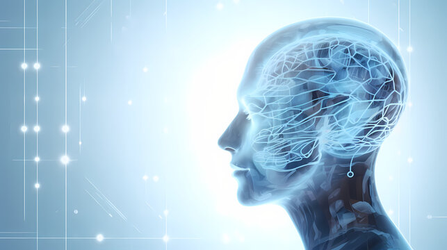 A blue and white image of a human head with the word brain on it