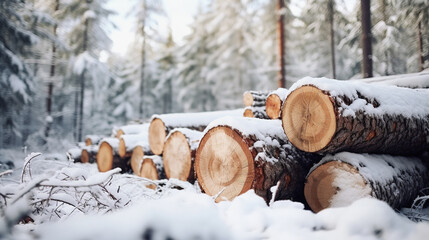 Log trunks covered in snow. Logging timber wood industry banner