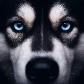 Face expression of a Siberian husky dog ​​with blue eyes