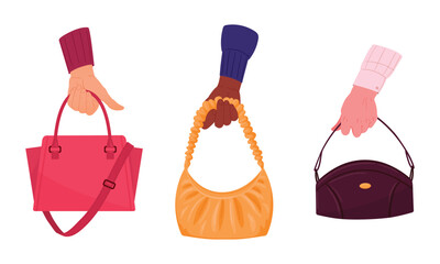 Hands holding bags. Fashionable leather bags in human hands, female palm holding casual baguette bags flat vector illustration set