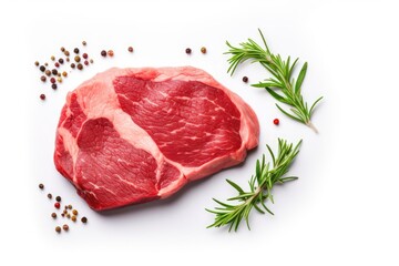 raw beef steak with rosemary isolated on white background