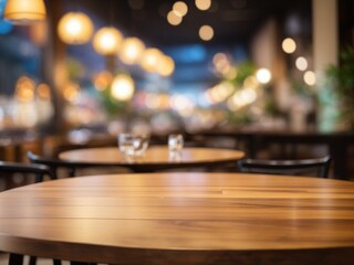 Obraz premium Empty wooden table in front of blurred bar interior. Warm lighting, bokeh effect create cozy atmosphere. Great for products food. Rustic style interior design concept. Suitable for cafes, bars,