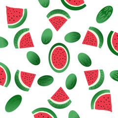 A seamless pattern of vibrant green triangles with black pips, reminiscent of sliced watermelon, pops against a cool gray background. Illustration for nature food designs.