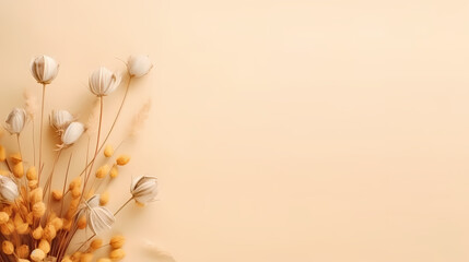Fototapeta premium ripe dry herb on beige background. autumn dried flowers of neutral color. natural decor
