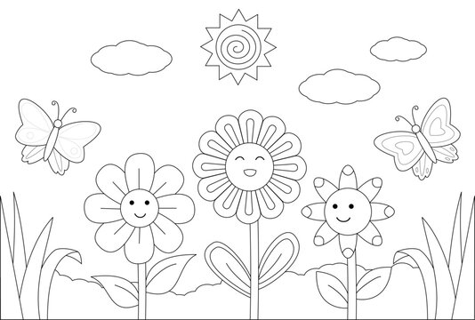 Coloring page, flower theme with butterflies and sunshine