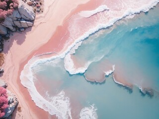 Top view of amazing pastel pink blue beach 