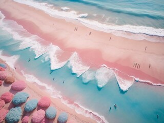 Fototapeta na wymiar Top view of amazing pastel pink blue beach 