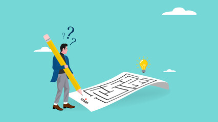 problem solving illustration with the concept of a businessman who is solving a labyrinth puzzle to get a solution, business solve puzzle flat illustration, business people with maze puzzle