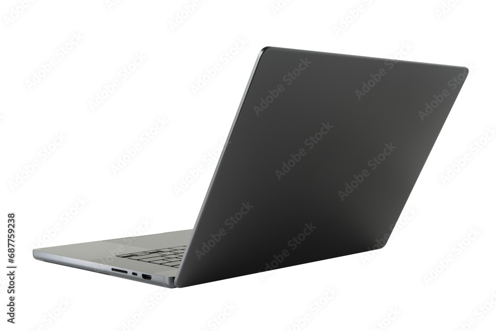 Poster side view, laptop or notebook space black isolated with clipping path on transparent background.