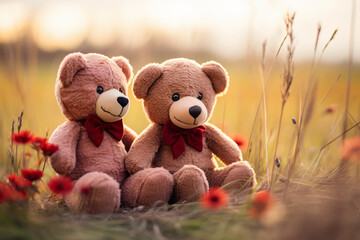 two cute teddy bears sitting on the grass together