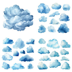Watercolor set of blue white and gray clouds on a transparent background 