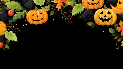 Horizontal banner for the holiday Halloween with cute bright pumpkins and leaves, bats and candies on a black background. Vector illustration.