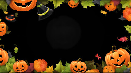 Horizontal banner for the holiday Halloween with cute bright pumpkins and leaves, bats and candies on a black background. Vector illustration.