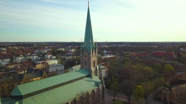 Aerial view of old historical Linkoping city in Sweden. European architecture in Scandinavian town
