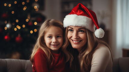 Fototapeta na wymiar mature woman wearing Christmas hat with daughter in the living room