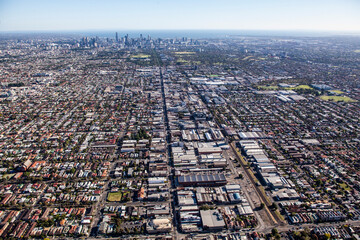 An aerial view of Brunswick looking towards Melbourne CBD in Victoria, Australia.

