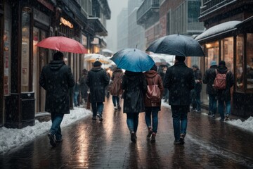 Winter Commute: City Pedestrians with Umbrellas