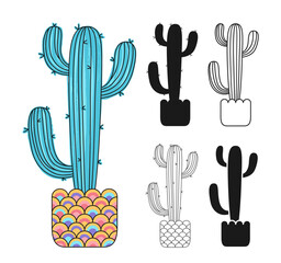Cactus in flowerpot doodle cartoon set. Home plants mexican desert silhouette and sign cacti. Hand drawn textured exotic western succulent collection. Potted linear houseplants vector illustration