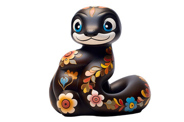 
12 animal designations PNG: a figurine of a lovely snake baby, Very cute with colorful designs, Chinese traditional folk mud dog art style, in the style of woodcarvings