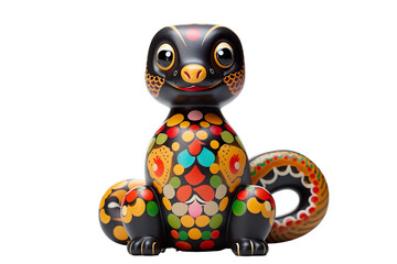 
12 animal designations PNG: a figurine of a lovely snake baby, Very cute with colorful designs, Chinese traditional folk mud dog art style, in the style of woodcarvings