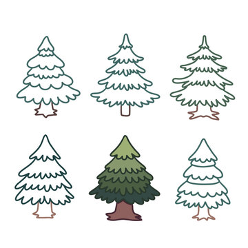 Isolated Pine on the white background. Pine silhouettes. Christmas elements. coloring page