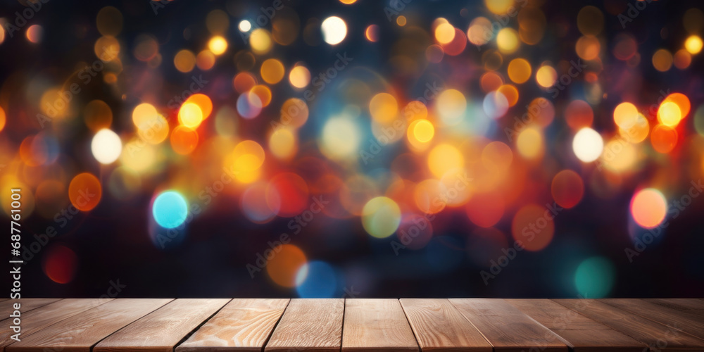 Poster wooden table in front of abstract blurred bokeh lights background