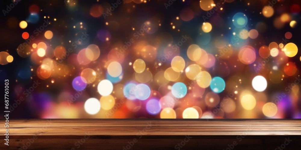 Poster wooden table in front of abstract blurred bokeh lights background