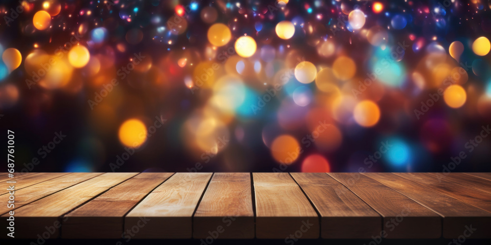 Poster wooden table in front of abstract blurred bokeh lights background