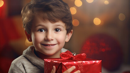 Little boy with a gift box on the background of the Christmas tree - Powered by Adobe