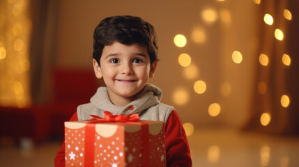 Fototapeta na wymiar Cute little boy with christmas gift in room with lights on background