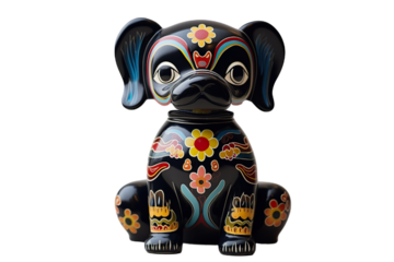 12 animal designations PNG: a figurine of a lovely Dog, Very cute with colorful designs, Chinese traditional folk mud dog art style, in the style of woodcarvings