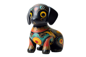 12 animal designations PNG: a figurine of a lovely Dog, Very cute with colorful designs, Chinese traditional folk mud dog art style, in the style of woodcarvings
