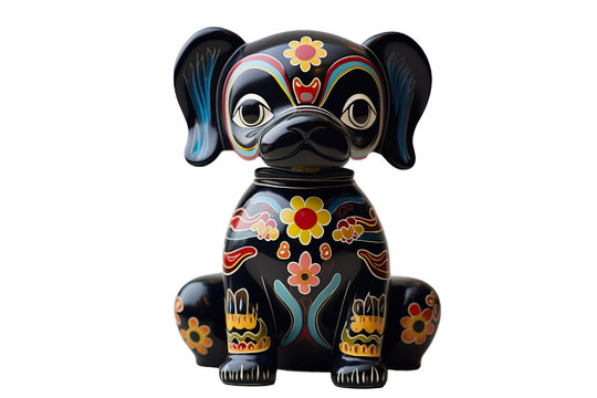 12 animal designations PNG: a figurine of a lovely Dog, Very cute with colorful designs, Chinese traditional folk mud dog art style, in the style of woodcarvings