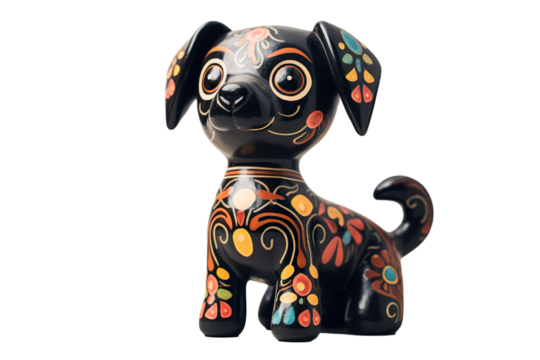 12 animal designations PNG: a figurine of a lovely Dog, Very cute with colorful designs, Chinese traditional folk mud dog art style, in the style of woodcarvings