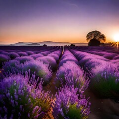 Fototapeta premium lavender field at sunrise near some trees