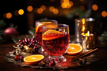 Hot beverages, tea or mulled white wine served on the table. Christmas celebration concept.