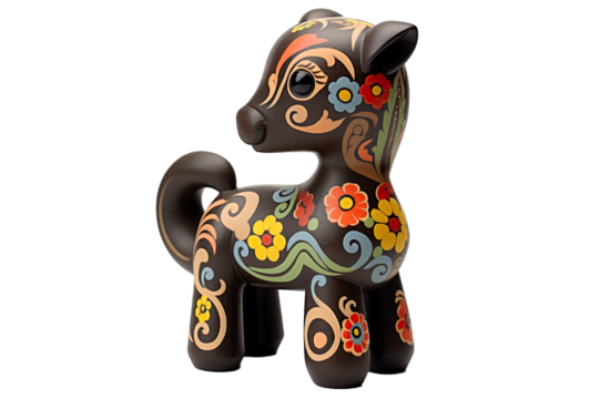 12 animal designations: a figurine of a lovely horse baby, Very cute with a smile on the face with colorful designs, Chinese traditional folk mud dog art style, in the style of woodcarvings