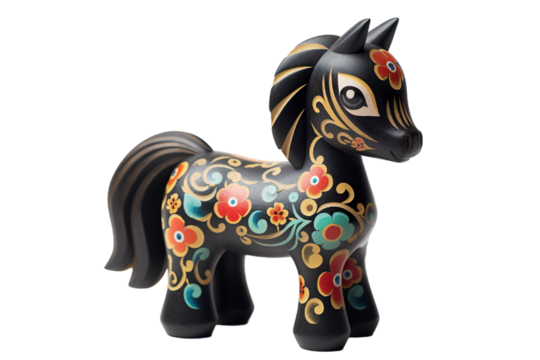 12 animal designations: a figurine of a lovely horse baby, Very cute with a smile on the face with colorful designs, Chinese traditional folk mud dog art style, in the style of woodcarvings