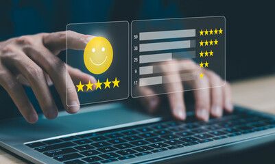 icon happy smile, 5-star rate review of client, best feedback customer. satisfaction survey concept...