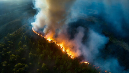 Intense forest fire raging through trees, billowing smoke against a fiery backdrop, symbolizing nature's resilience and destruction
